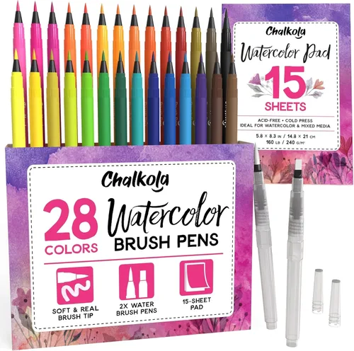 Chalkola Bolígrafos de acuarela para letras, colorear, caligrafía, juego de 28 bolígrafos de acuarela, 15 blocs de pintura y 2 marcadores de color