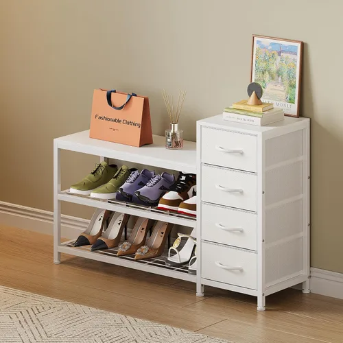 Miniatura 4 de EXOTICA Banco de almacenamiento para zapatos de 3 niveles, blanco, estante para zapatos de entrada con 4 cajones y asiento, estante