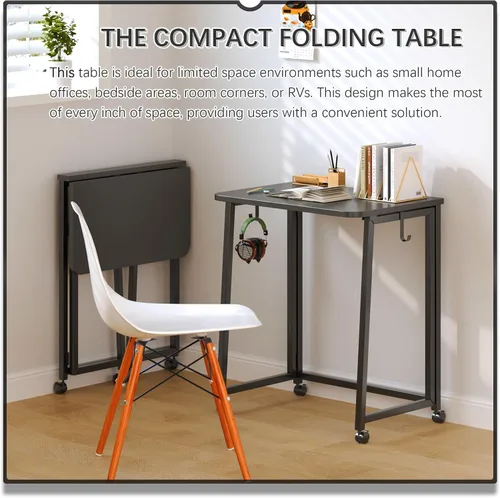 Miniatura 3 de 4NM Escritorio Pequeño Móvil Plegable de 23.6", Mesa de Computadora con Ruedas Plegable para Casa y Oficina, Mesa de Escritura y Estudio