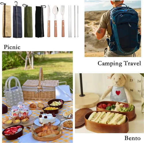 Miniatura 3 de JASHII Juego de cubiertos reutilizables de viaje, juego de cubiertos de acero inoxidable 304 con mango de madera, palillos y pajitas con diseño