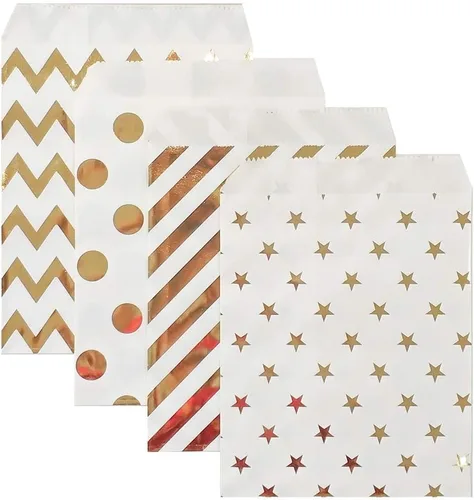 KEYYOOMY 200 bolsas de bufé de dulces de oro brillante, pequeñas bolsas de papel de lunares para bodas y fiestas de cumpleaños (5 x 7 pulgadas)