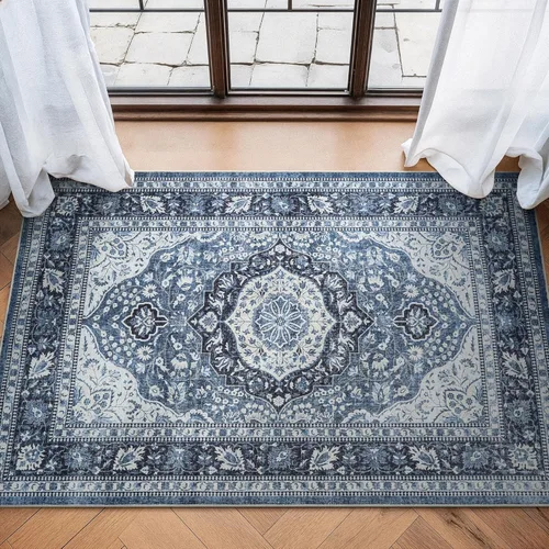 Miniatura 22 de Bloom Rugs Caria Alfombra Lavable Antideslizante de 7 pies - Azul/Carbón Alfombra Tradicional para Entrada, Pasillo, Baño y Cocina - Tamaño Exacto