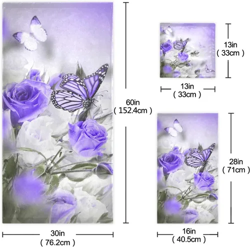 Miniatura 3 de ALAZA Juego de 3 toallas de baño de flores de iris de mariposa morada, 1 toalla de baño, 1 toalla de mano, 1 toallita decorativa, suave, de lujo