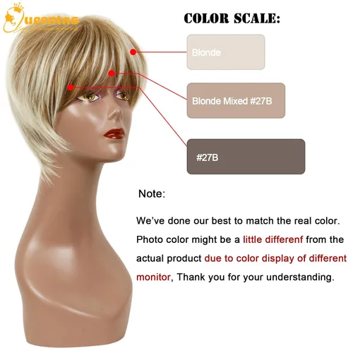 Miniatura 2 de QUEENTAS Pixie - Pelucas rubias cortas en capas para mujeres blancas y negras, cabello sintético (rubio mezclado con marrón)