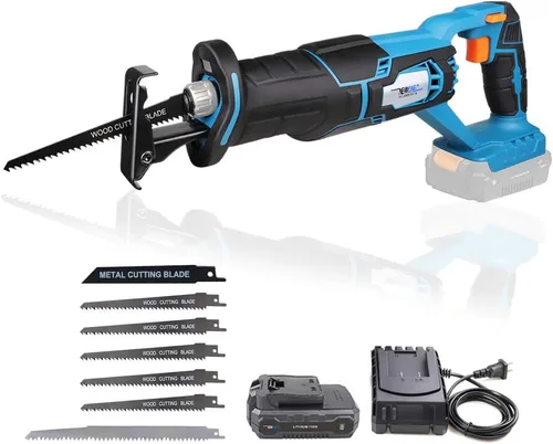 NEWONE Herramienta de corte de sierra recíproca de 20 V con cargador de 2.5 A, luz de trabajo LED, cambio de hoja sin herramientas, 7 hojas de