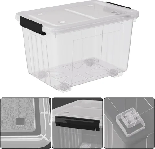 Miniatura 4 de Paquete de 4 cajas de almacenamiento con pestillo transparente de 30 litros, contenedores grandes de plástico con ruedas