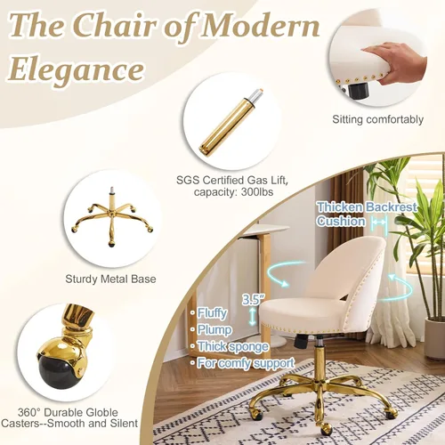 Miniatura 3 de VINGLI Silla de Oficina Pequeña de Terciopelo Moderna, Linda Silla de Escritorio con Ruedas, Base/Tachuelas Doradas, Cómoda Silla Giratoria sin Beige