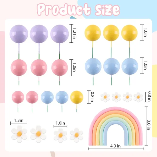 Miniatura 3 de Decoración de pastel de arco iris, 26 unidades, bolas de macarrón, decoraciones para tartas con flores, decoraciones para tartas temáticas