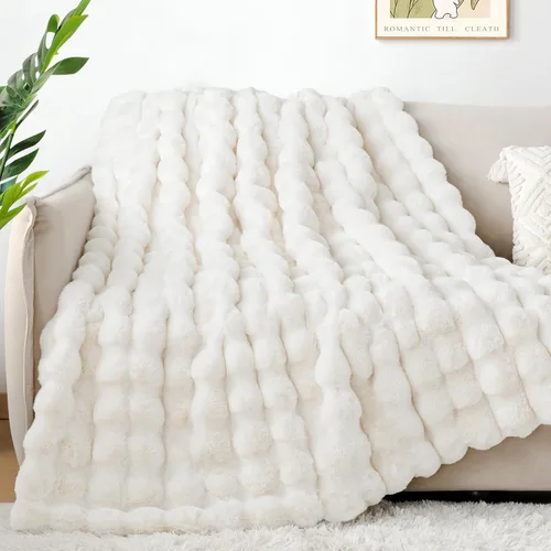 Miniatura 5 de Touchat - Manta de lujo de 1000GSM de pelo sintético de conejo, cobija súper pesada y cálida y acogedora para sofá, cama, sillón, esponjosa, Blanco