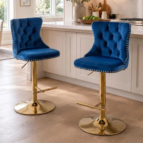 Miniatura 42 de SoarFlash Juego de 2 taburetes de bar tapizados de terciopelo moderno con patas de madera, botones acolchados, cabeza de clavo cromada, asiento