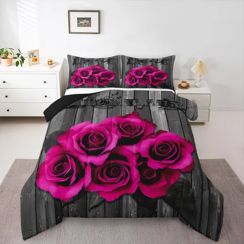 Miniatura 3 de Juego de edredón de flores de rosas rosa intenso, juego de ropa de cama retro rústico floral con rosas para el día de San Valentín, boda, pareja