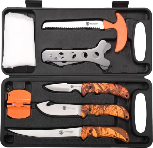 KNINE OUTDOORS Juego de Cuchillos para Caza de Venado Kit de Preparación en Campo Juego de Procesador de Caza Portátil Mango de Camuflaje Arce Rojo,