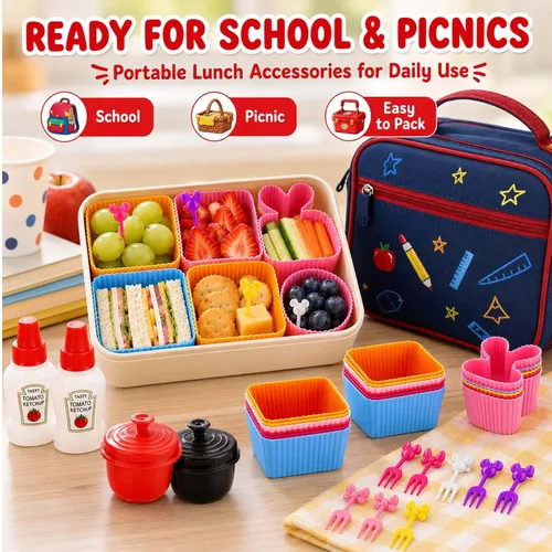 Miniatura 7 de Juego de 32 piezas de accesorios de caja Bento, divisores de silicona para lonchera, mini botella de ketchup, contenedor de aderezo para ensaladas
