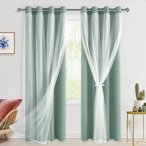 Miniatura 47 de Hiasan Cortinas opacas con superposición transparente, aislamiento térmico para mezclar y combinar de doble capa, cortinas de oscurecimiento de Beige