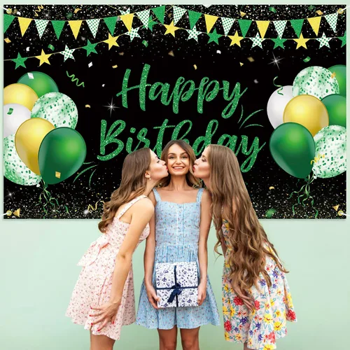 Miniatura 5 de Cartel de fondo de feliz cumpleaños verde dorado y negro para niños, hombres y mujeres, aniversario, fiesta de cumpleaños, fotos, fondo de cabina