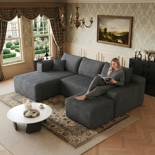 Miniatura 19 de 141" Oversized U Shaped Cloud Sectional Couches with Storage Console for Living Room, Corduroy Compressed Boneless Couch, Symmetrical Sofa & Couch