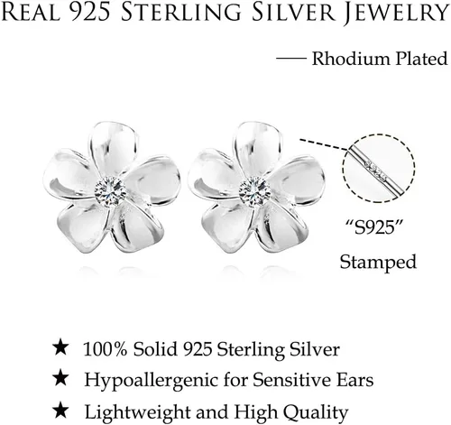 Miniatura 7 de Reffeer Aretes de tuerca de plata de ley 925 maciza con diseño de flor de plumeria para mujeres y adolescentes