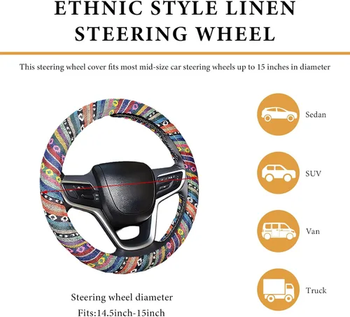 Miniatura 2 de Funda bohemia para volante, tela de lino grueso de 15 pulgadas, estilo étnico, antideslizante, protector universal transpirable para volante