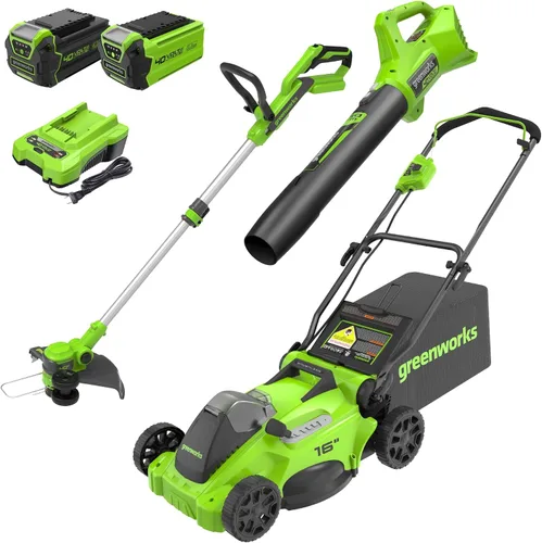 Greenworks Cortacésped inalámbrico sin escobillas de 40 V y 16 pulgadas (empuje) + soplador (350 CFM) + recortadora de cuerda de 13 pulgadas