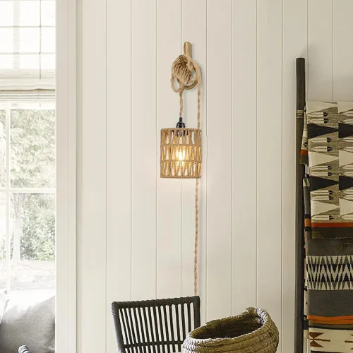 Miniatura 8 de Lámpara Colgante Bohemia con Enchufe, Luz Colgante with Cable con Enchufe, Lámpara de Techo con Pantalla Cilíndrica de Ratán e Interruptor