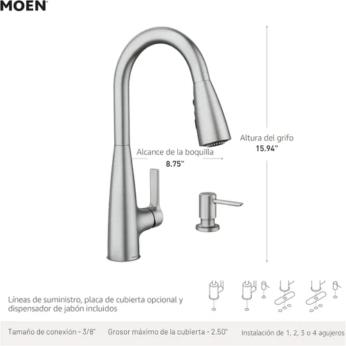 Miniatura 3 de Grifo de cocina Moen Haelyn con acabado resistente a manchas de acero inoxidable, mango único, rociador desplegable con Power Boost para limpieza