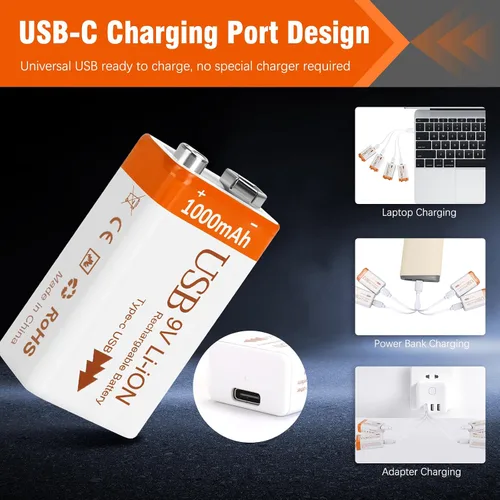 Miniatura 2 de Baterías recargables de litio de 9 V de 1000 mAh con cable de carga USB 2 en 1, batería de iones de litio 6f22 de 9 voltios para detector de humo