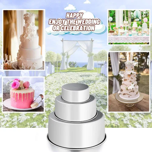 Miniatura 7 de E-far Juego de 3 moldes para pasteles (4, 6 y 8), moldes redondos de acero inoxidable profundo para bodas, cumpleaños, no tóxicos y aptos
