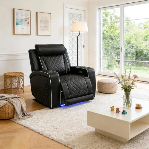Miniatura 12 de Juego de sofá reclinable de cuero eléctrico con LED, juego de sala de estar de cuero, juego de sofá reclinable con puerto USB/soporte