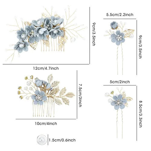 Miniatura 6 de inSowni - Juego de 20 peines laterales elegantes de color azul polvoriento con flores para novias, accesorios para el cabello para bodas, pinzas