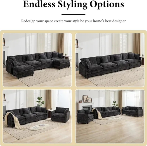 Miniatura 8 de Sofá modular negro de 111.5 pulgadas, sofás seccionales grandes de 3 plazas para sala de estar, sofá nube de tela de felpilla de gran
