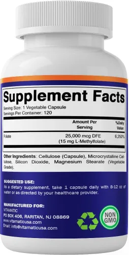 Miniatura 9 de Vitamatic Folato de metilo 15mg – 120 cápsulas vegetales optimizadas y activadas de alta potencia – Folato metabólicamente activo