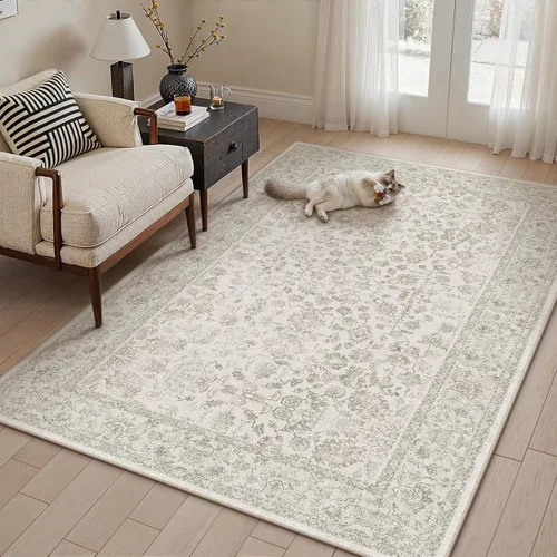 Miniatura 94 de PureCozy Alfombra de área beige de 2 x 3 pulgadas, lavable, vintage, pequeña, para entrada, cocina, suave, retro, floral, de pelo bajo, tapete