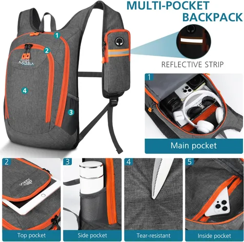 Miniatura 3 de Esup Mochila de senderismo pequeña de 15 L plegable y ligera mochila de viaje para acampar para mujeres y hombres (gris)