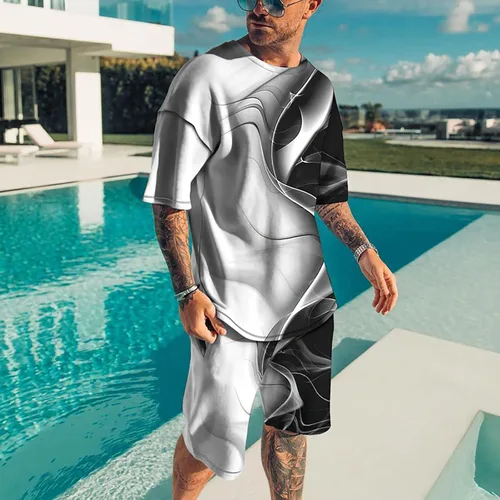 Miniatura 2 de EELHOE Men's 2 Piece Outfits Lightweight Regular-Fit Short Sleeve Graphic T-Shirts Printed Shorts Breathable Athletic Suit