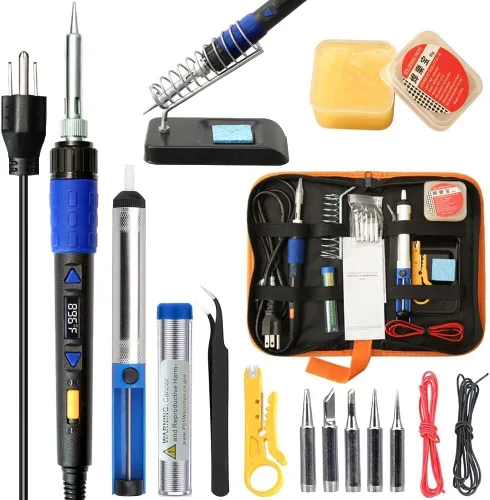 Kit de soldadura de hierro electrónico de 110 W – Soldador digital LCD de temperatura ajustable, alambre y cortador, soporte, juego de puntas de Azul