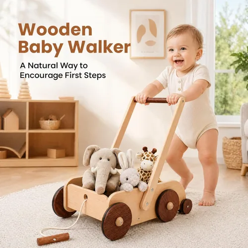 Miniatura 2 de Woodtoe Andador de madera para bebés, juguete de empuje antivuelco de velocidad ajustable para bebés que aprenden a caminar, juguetes naturales