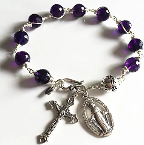 Miniatura 2 de Eleganantmedical Hecho a mano natural 10MM amatista cristal Bali cuentas de plata de ley Cruz rosario católico pulsera regalo caja