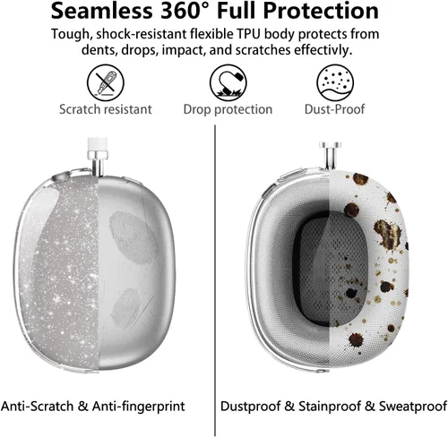 Miniatura 4 de Aircawin Funda para AirPods Max Transparente con Purpurina Negra, 3 en 1 TPU Suave Transparente Cubiertas para Auriculares/Cubiertas de Almohadillas