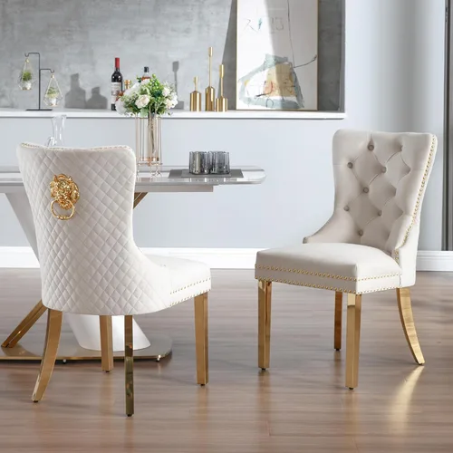 Miniatura 2 de Juego de 2 sillas de comedor de terciopelo Homedraft, colección Nikki para comedor con patas doradas de acero inoxidable y anillo de tirador