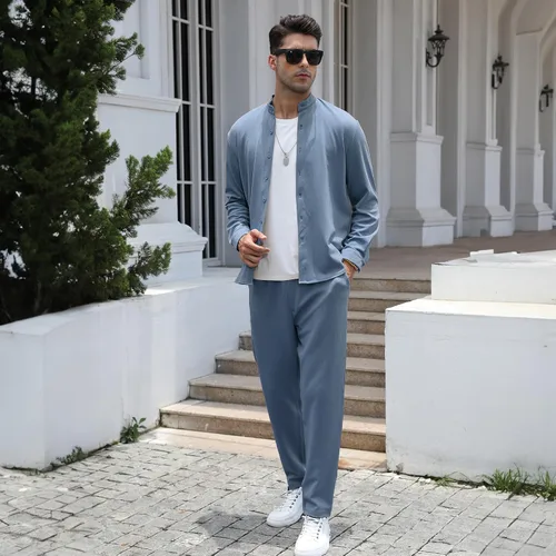 Miniatura 4 de FZNHQL Conjunto de 2 piezas para hombre, de moda, informal, de manga larga, con botones, camisa y pantalón para hombre