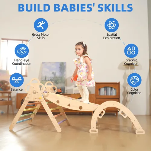 Miniatura 4 de Baby Pikler - Juego de triángulos con cojín, 9 en 1 plegable de madera para niños pequeños, juego de gimnasio Montessori Jungle para interiores