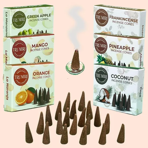 Miniatura 7 de Trumiri Conos de Incienso Frutales - Paquete de Variedad - Total 60 Conos de Incienso (6 Aromas x 10 Conos) - Fresa, Coco, Piña, Manzana, Mango