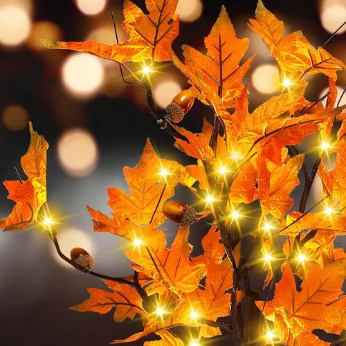 Miniatura 3 de S-Union Árbol de arce iluminado por LED de 24 pulgadas con 6 bellotas para decoraciones de Acción de Gracias Árbol de arce de 24 LED y 6 bellotas