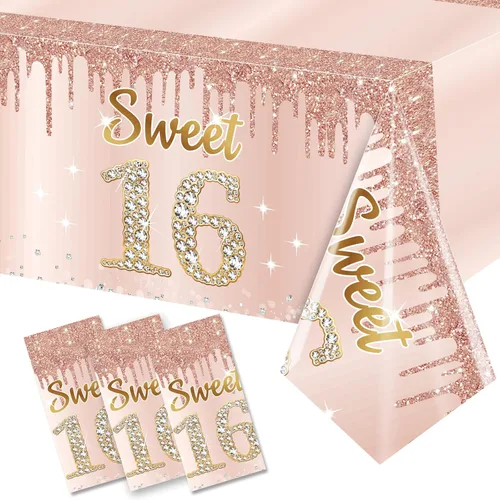 Miniatura 18 de Excelloon Paquete de 3 Manteles de Cumpleaños 50, Mantel de Cumpleaños Feliz de Rosa Púrpura y Oro Rosa, Mantel Desechable de Plástico Rectangular