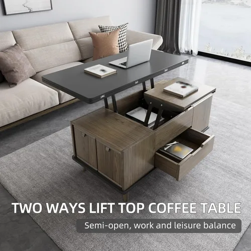 Miniatura 4 de Mesa de centro elevable con 4 taburetes de poliuretano, mesa de centro clásica de color negro con contraste marrón que se convierte en mesa
