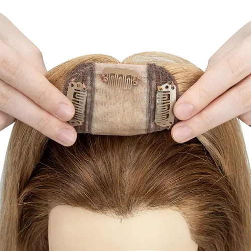 Miniatura 8 de S-noilite Toppers para el cabello humano real para mujer, sin flequillo, 14 pulgadas, #27 rubio oscuro, base de seda, clip en la parte superior