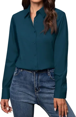 Miniatura 37 de Gleeivy Camisas con botones para mujer de ajuste clásico, camisa de vestir, camisa de trabajo, de negocios, casual, de manga larga, blusa, tops A