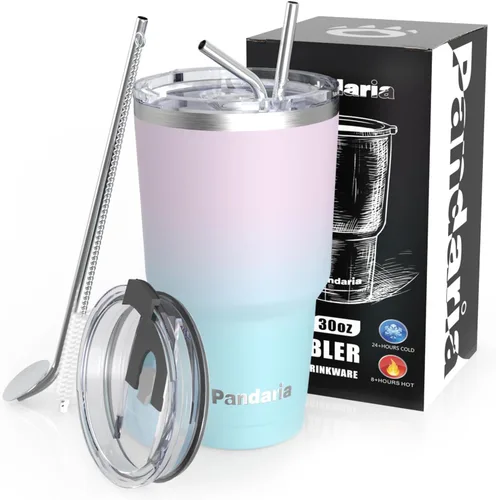 Miniatura 11 de Vaso de viaje para café de 30 onzas, vaso de acero inoxidable de doble pared, reutilizable, a prueba de derrames, con popote, vaso aislado a prueba