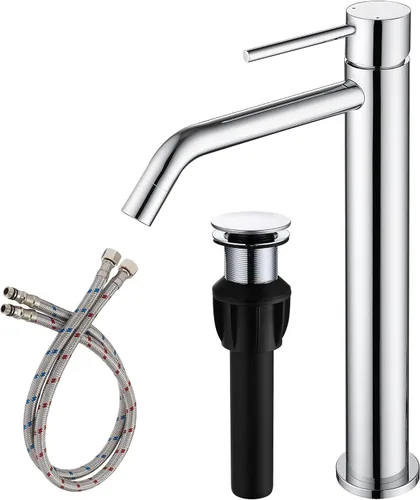 Grifo alto de baño cromado con drenaje de fregadero y líneas de suministro, llave de fregadero de recipiente de una sola manija cromada JXMMP, llave