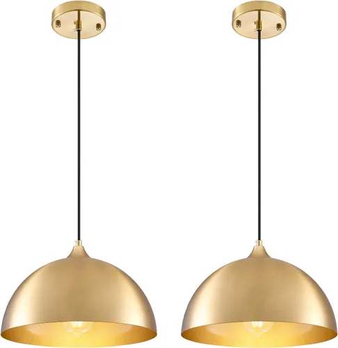 Lámpara Colgante Industrial Electrochapada en Oro de 11.8 pulgadas, Paquete de 2, Lámparas Colgantes de Metal para Isla de Cocina, Lámpara Colgante